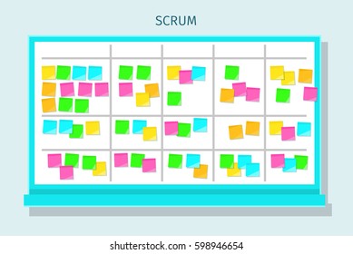 Scrum task board with sticky note cards. Flat design, vector illustration.