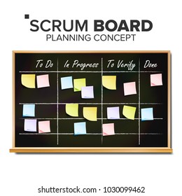 Scrum Task Board Vector. Hanging Scrum Task Board. Startup Development Process. Full Tasks To Do List. Realistic Illustration