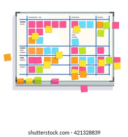 Scrum task board whiteboard hanging in a team room full of tasks on sticky note cards. Scrum board story test driven development process. Flat style color modern vector illustration.