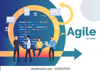 Scrum team discussing startup at Kanban board. Cycle, report, working on laptop. Business concept. Vector illustration can be used for presentation slides, landing pages, posters