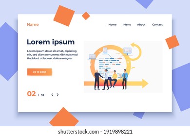 Scrum team discussing tasks. Arrow, report, working on laptop, conversation. Business concept. Vector illustration can be used for topics like agile management, teamwork, communication