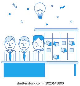 Scrum team ploblem solving with help of kanban board sticky notes for team work and visual management. Linear flat vector illustration in blue tones, isolated on white.