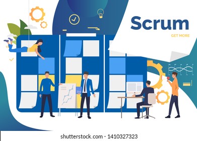 Scrum team working on project in office. Presentation, computer, shouting at megaphone. Business concept. Vector illustration can be used for topics like agile project management, teamwork, startup