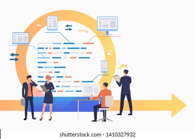 Scrum team working on tasks. Cycle arrow, development, process. Business concept. Vector illustration can be used for topics like teamwork, communication, planning