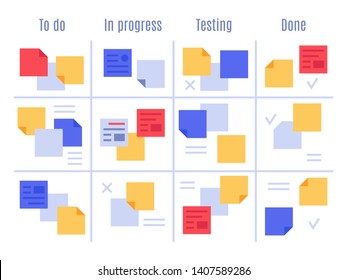 Scrum visual management board. Kanban office tasks, project process sticky note and planning notes vector illustration