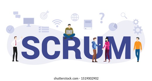 scrum workflow methodology concept with big word or text and team people with modern flat style - vector