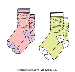 Scrunch socks for girls flat sketch vector mockup template technical illustration.