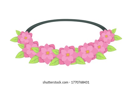 Scrunchie fashionable hairstyle or hair accessory for females. Isolated decorative hairband with flowers, roses petals and leaves. Girlish decor, accessories for hairdressing, vector in flat style