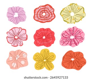 Scrunchie Hair Tie Icon Collection. A stylish collection of scrunchie hair ties in abstract fabric shapes with gathered folds dotted textures and petal like forms. Perfect for beauty fashion themed