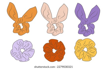 Scrunchie and hair tie illustration collection. Vector, hair accessories fashion flats and cute bundle.