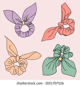 Scrunchie illustration set. Collection of vector cad drawing hair accessories. Outlines with backgrounds.