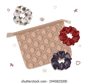 Scrunchies with bag in cartoon style. Perfect for hairdress salon, kids shop, beauty and fashion store.