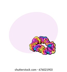 Scrunchy, elastic fabric covered hair tie, fashion accessory from 90s, sketch vector illustration with space for text. Colorful fabric covered hair tie