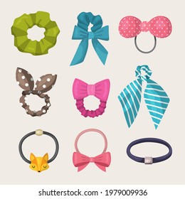 Scrunchy. Elastic ribbons for fashion woman accessories for hairs elastic headband recent vector illustrations collection set