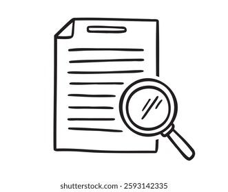 Scrutiny document plan doodle hand drawn icon. Outline drawing review statement line clipart symbol. Document and magnifier loupe for business concept. Vector illustration