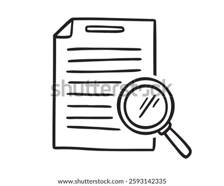 Scrutiny document plan doodle hand drawn icon. Outline drawing review statement line clipart symbol. Document and magnifier loupe for business concept. Vector illustration