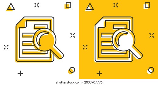 Scrutiny document plan icon in comic style. Review statement vector cartoon illustration pictogram. Document with magnifier loupe business concept splash effect.