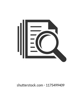 Scrutiny Document Plan Icon In Flat Style. Review Statement Vector Illustration On White Isolated Background. Document With Magnifier Loupe Business Concept.