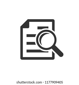 Scrutiny document plan icon in flat style. Review statement vector illustration on white isolated background. Document with magnifier loupe business concept.
