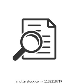 Scrutiny document plan icon in flat style. Review statement vector illustration on white isolated background. Document with magnifier loupe business concept.