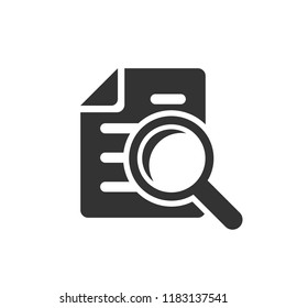 Scrutiny document plan icon in flat style. Review statement vector illustration on white isolated background. Document with magnifier loupe business concept.