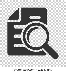 Scrutiny document plan icon in flat style. Review statement vector illustration on isolated background. Document with magnifier loupe business concept.