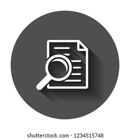 Scrutiny document plan icon in flat style. Review statement vector illustration with long shadow. Document with magnifier loupe business concept.