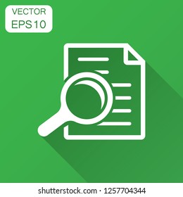 Scrutiny document plan icon in flat style. Review statement vector illustration with long shadow. Document with magnifier loupe business concept.