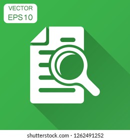 Scrutiny document plan icon in flat style. Review statement vector illustration with long shadow. Document with magnifier loupe business concept.