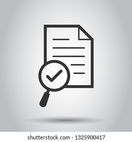 Scrutiny Document Plan Icon In Flat Style. Review Statement Vector Illustration On White Background. Document With Magnifier Loupe Business Concept.