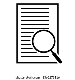 Scrutiny document plan icon in flat style. Review statement vector illustration on white isolated background. Document with magnifier loupe business concept.