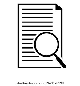 Scrutiny document plan icon in flat style. Review statement vector illustration on white isolated background. Document with magnifier loupe business concept.