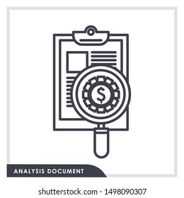 Scrutiny document plan icon in flat style. Review statement vector illustration on white isolated background. Document with magnifier loupe business concept.