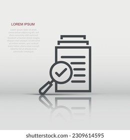 Scrutiny document plan icon in flat style. Review statement vector illustration on white isolated background. Document with magnifier loupe business concept.