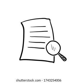 Scrutiny document plan icon in hand drawn style. Review statement vector illustration.Document with magnifier loupe business concept. doodle