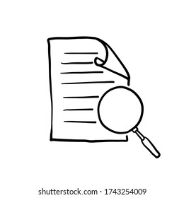 Scrutiny document plan icon in hand drawn style. Review statement vector illustration. Document with magnifier loup business concept. doodle