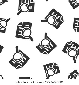 Scrutiny document plan icon seamless pattern background. Review statement vector illustration. Document with magnifier loupe symbol pattern.
