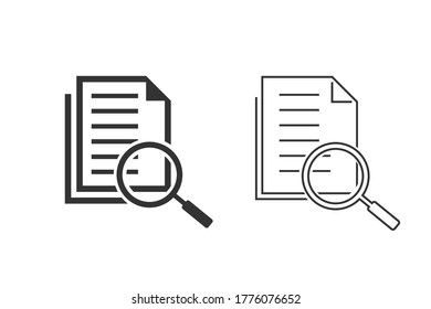 Scrutiny document plan line icon set in flat style. Review statement vector illustration on white isolated background. Document with magnifier loupe business concept