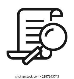 Scrutiny document plan outline icon. Review statement with magnifier loupe, vector illustration