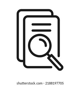 Scrutiny document plan outline icon. Review statement with magnifier loupe, vector illustration