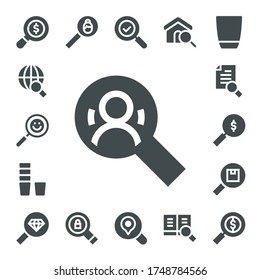 scrutiny icon set. 17 filled scrutiny icons.  Simple modern icons such as: Search, Glass, Research, Magnifying glass