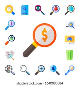 scrutiny icon set. 17 flat scrutiny icons. Included magnifying glass, search, loupe, glass, zoom in icons