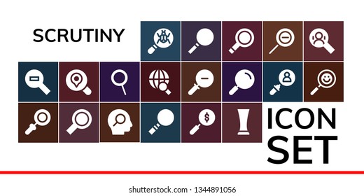 scrutiny icon set. 19 filled scrutiny icons.  Simple modern icons about  - Loupe, Zoom out, Magnifying glass, Search, Glass, Zoom