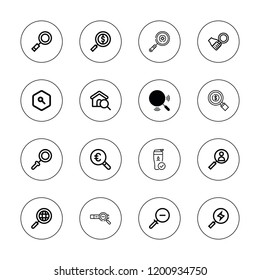 Scrutiny icon set. collection of 16 outline scrutiny icons with magnifying glass, glass, search icons.