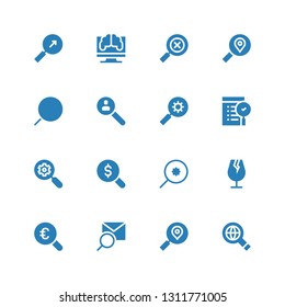 scrutiny icon set. Collection of 16 filled scrutiny icons included Searching, Search, Magnifying glass, Glass, Research