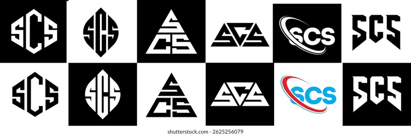 SCS letter logo design in six style. SCS polygon, circle, triangle, hexagon, flat and simple style with black and white color variation letter logo set in one artboard. SCS minimalist and classic logo