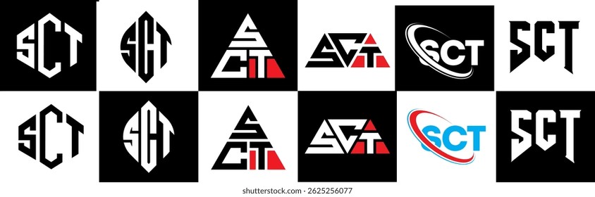 SCT letter logo design in six style. SCT polygon, circle, triangle, hexagon, flat and simple style with black and white color variation letter logo set in one artboard. SCT minimalist and classic logo