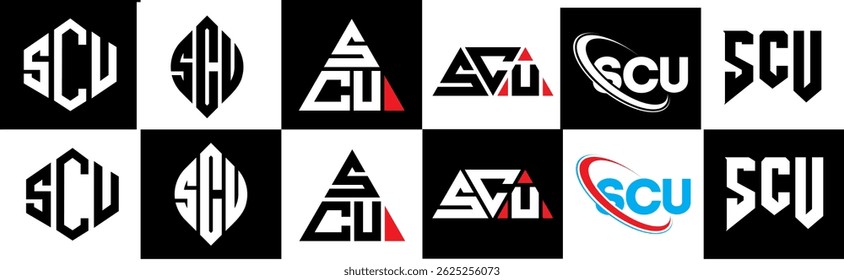 SCU carta logotipo design em seis estilo. SCU polígono, círculo, triângulo, hexágono, plano e estilo simples com cor preta e branca variação letra logotipo definido em uma prancheta. SCU minimalista e logotipo clássico