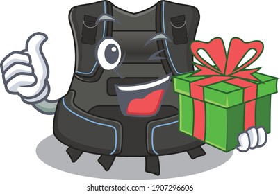 Scuba buoyancy compensator cartoon character concept with a big gift box