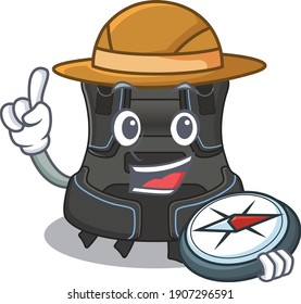 Scuba buoyancy compensator mascot design style of explorer using a compass during the journey